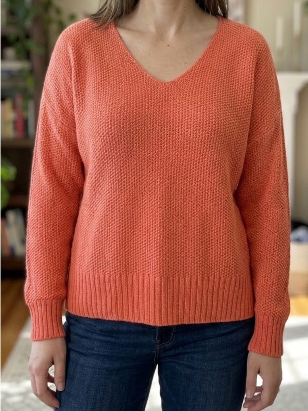 NWT Lucky Brand Coral Chunky Knit V-Neck Sweater Sz M Oversized Drop Shoulder